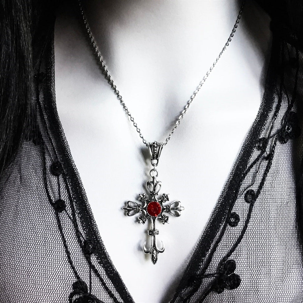 Wholesale Goth Theme Vintage Ruby Cross Alloy Necklaces